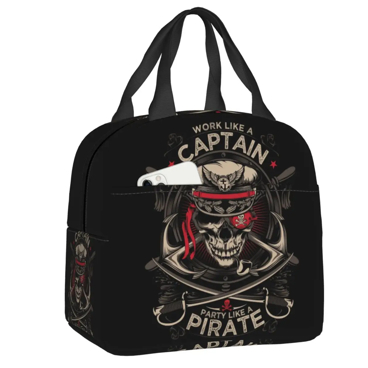 Custom Work Like A Captain Party Like A Pirate Resuable Lunch Boxes Women Nautical Skull Sailor Cooler Thermal Food Lunch Bag