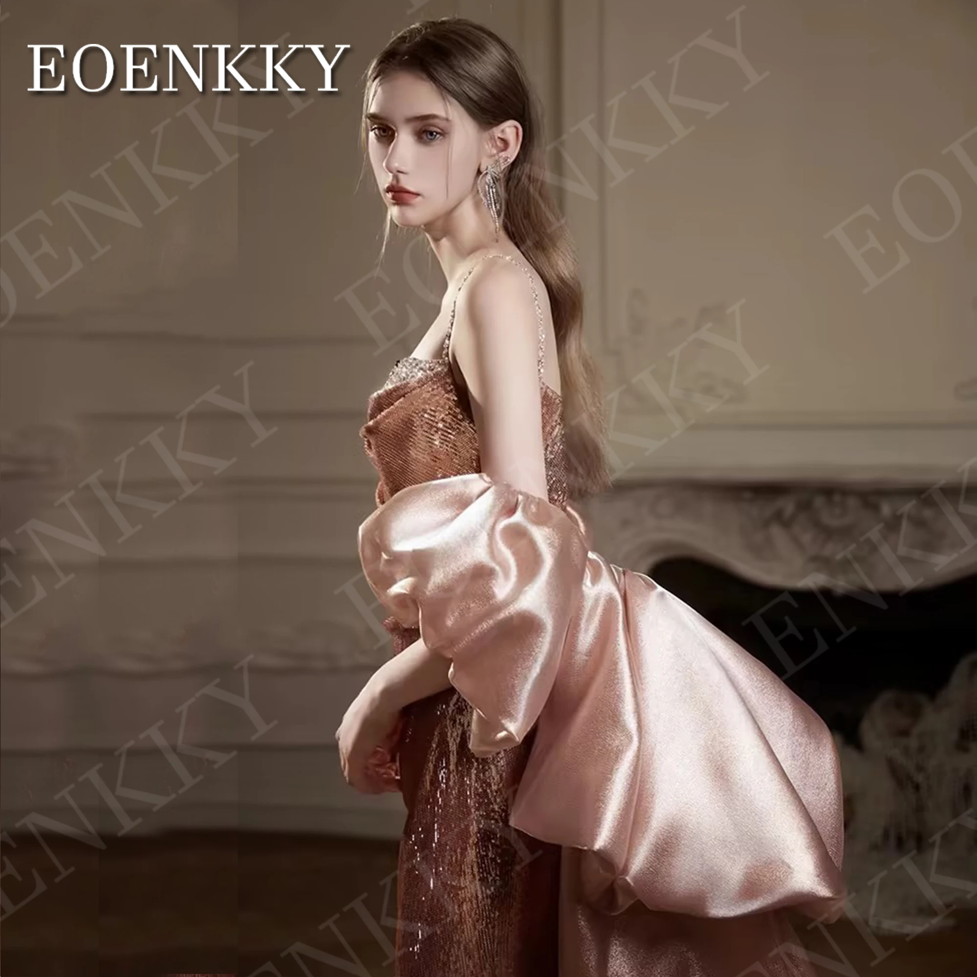 EOENKKY Long Mermaid Evening Dresses Glitter Sequin Spaghetti Strap Sweetheart Neck Prom Party Dress Detachable Train Customized
