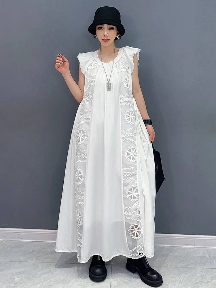 SHENGPALAE 2024 Summer New A-line Spliced White Long Dresses Elegant Fairy Dress For Women Fashion Ladies Leisure Robe 5R9744