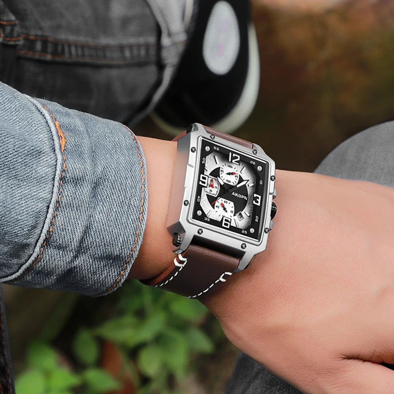 

Men Watch Quartz Watches Leather Strap Chronograph Sport Military Wristwatch Multifunctional Waterproof Luminous Watch Gift