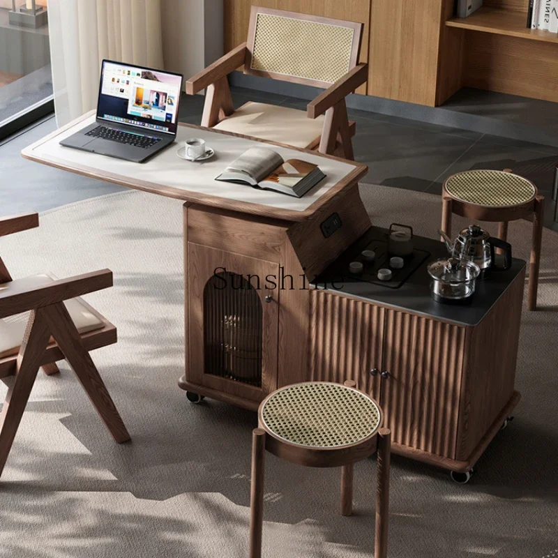 

Mobile tea table small apartment simple solid wood rock slab tea table rotatable balcony small tea cart