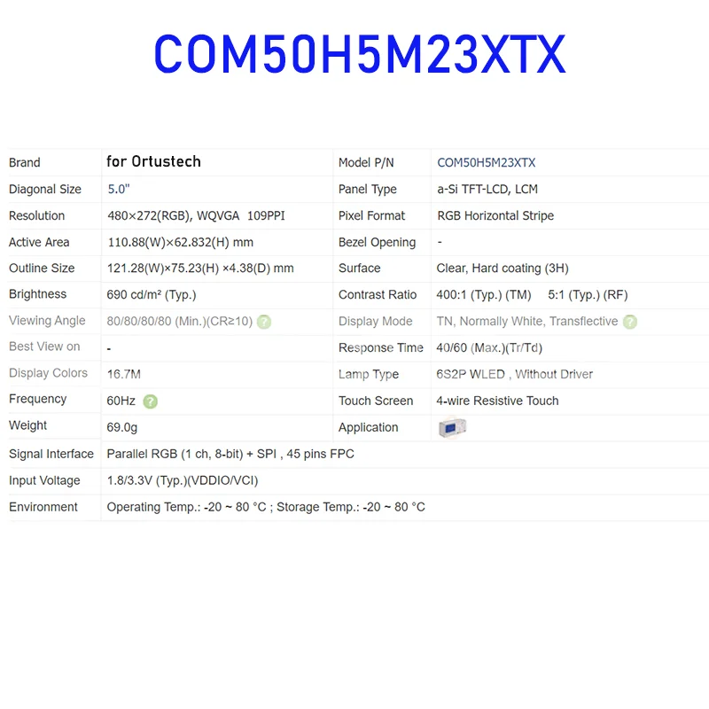 COM50H5M23XTX 5.0 Inch Original LCD Display Screen Panel for Ortustech Brand New and Fast Shipping 100% Tested