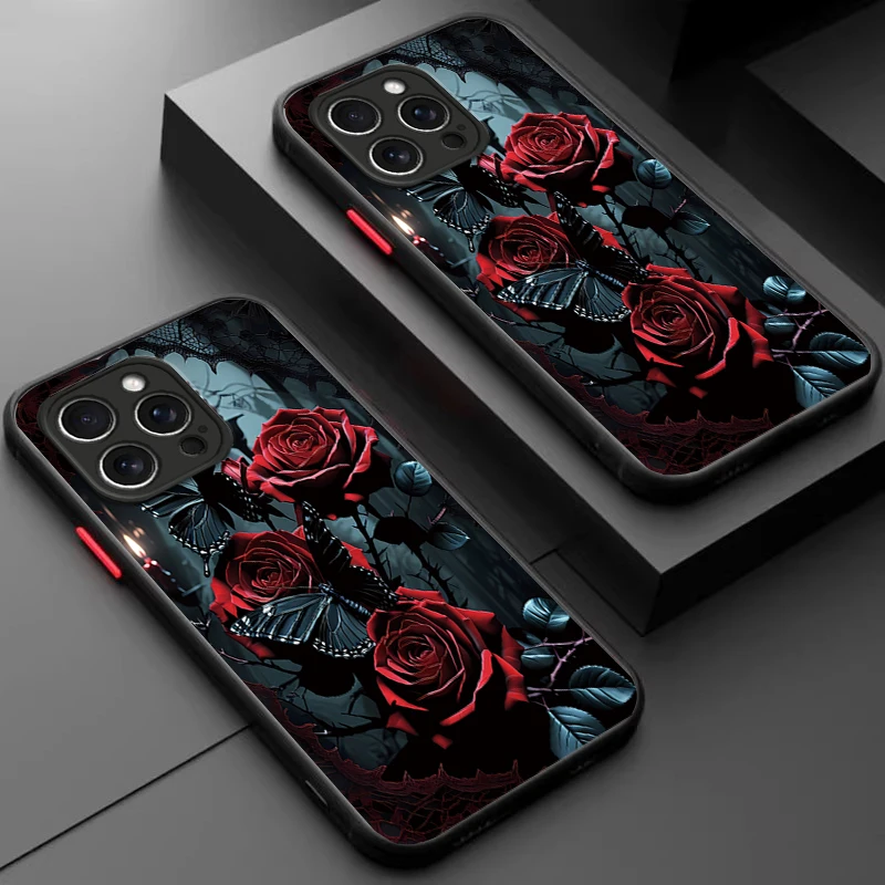 Funda para iPhone 15 Pro Max, Carcasa para iPhone 15 Pro, Nueva Funda con Diseño de Mariposa y Rosa Roja, Acabado Mate Translúcido para iPhone 15