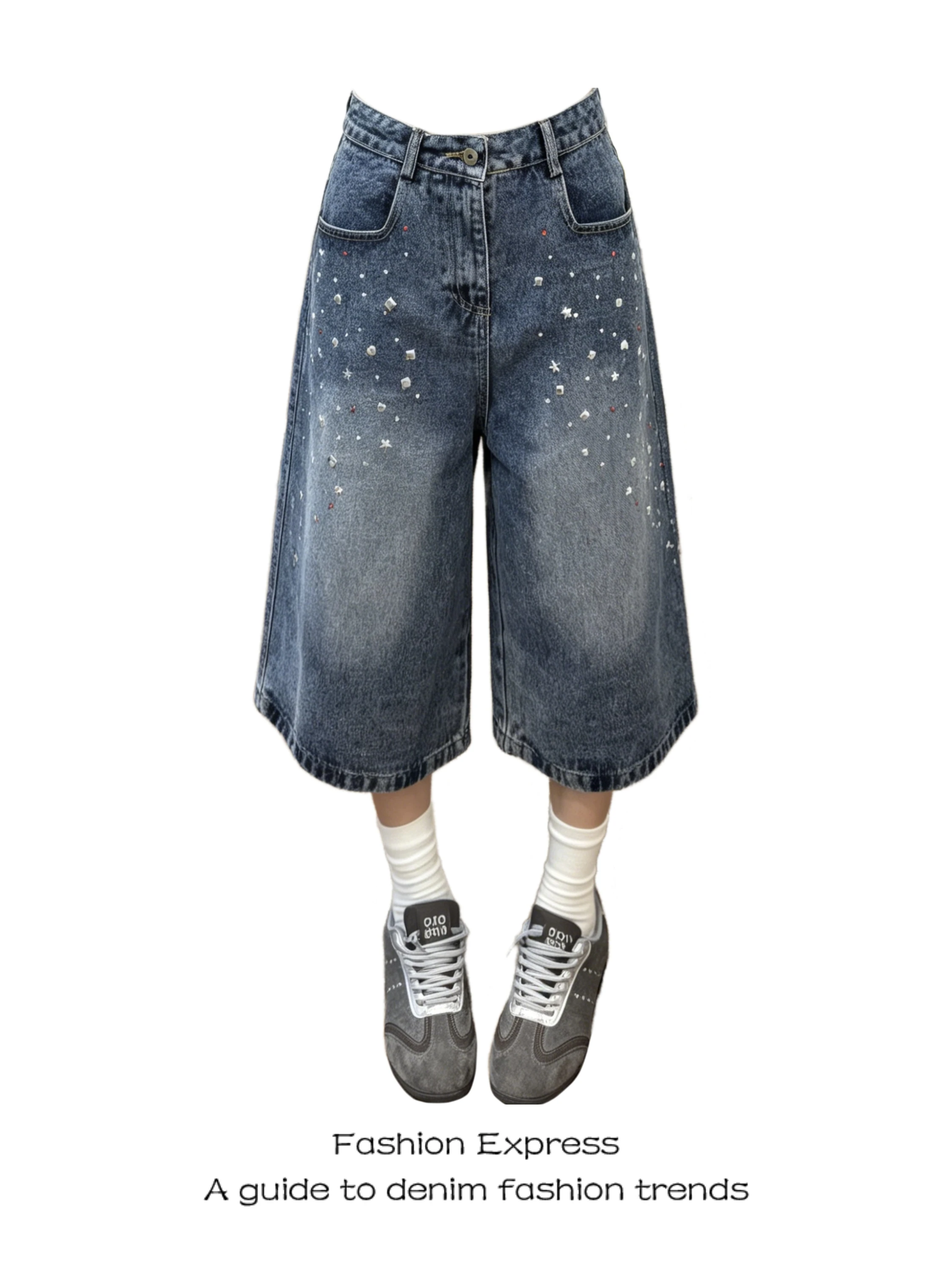 

Street Star Washed Loose Women's Jeans Shorts Glitter Summer Fashion High Waist Wide Leg Pants Four Seasons Wear Resistant