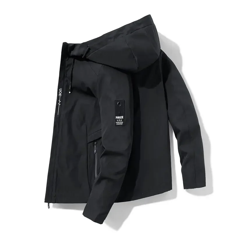 Men's black jacket, casual men's hooded bomber jacket Trench Coat 2024 Jacket Men's coat