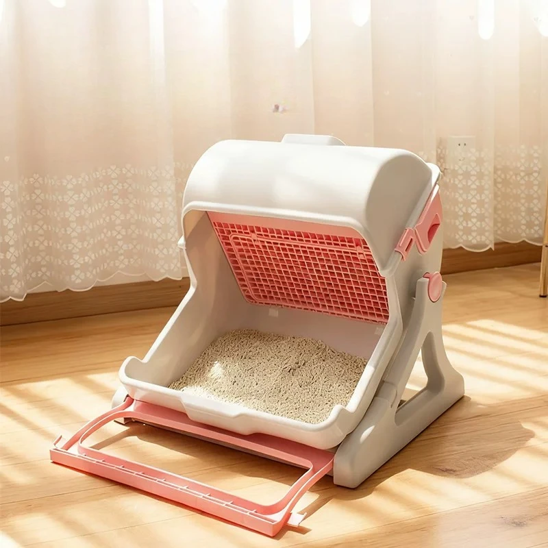 Pet Cat Litter Box Semi-Automatic Quick Cleaning Luxury Cat Toilet Indoor Sandbox Toilet Loo Tray Flip Cover Cat Bedpans