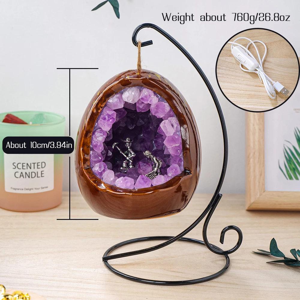 1PC Natural Crystal Amethyst Bud Dinosaur Egg Shaped Geode Lamp Mini Miner For Living Room Study Bedroom Bedside Decor