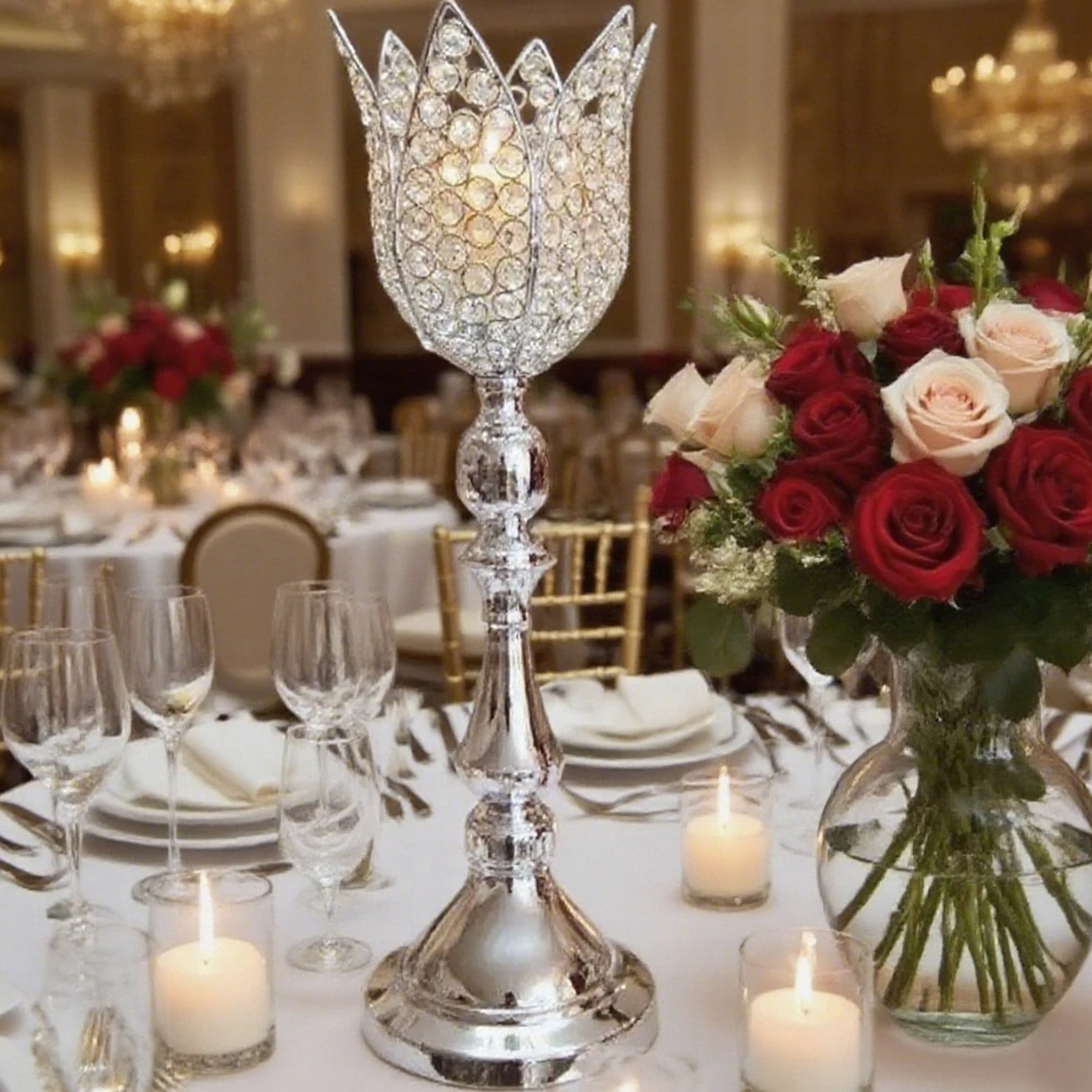 

5-10pcs sliver/ Gold Plated Candle Holder lotus Metal Iron Crystal Flower Candle Stick Holder Wedding Home Tabletop Decoration