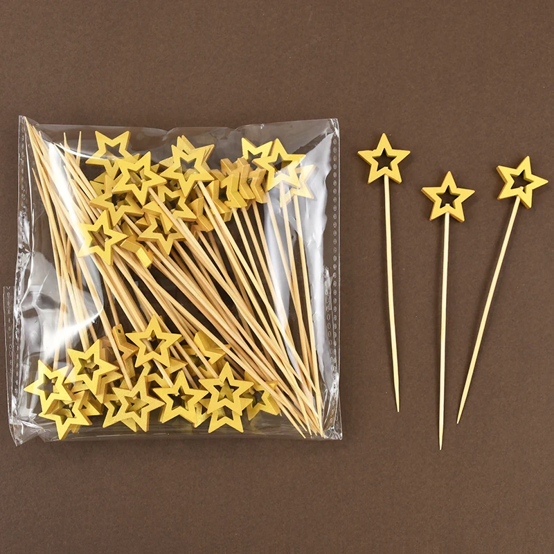 50pcs/lot Star Disposable Bamboo Skewers Food Cocktail Picks Buffet Fruit Cupcake Fork Sticks Wedding Birthday Party Table Decor