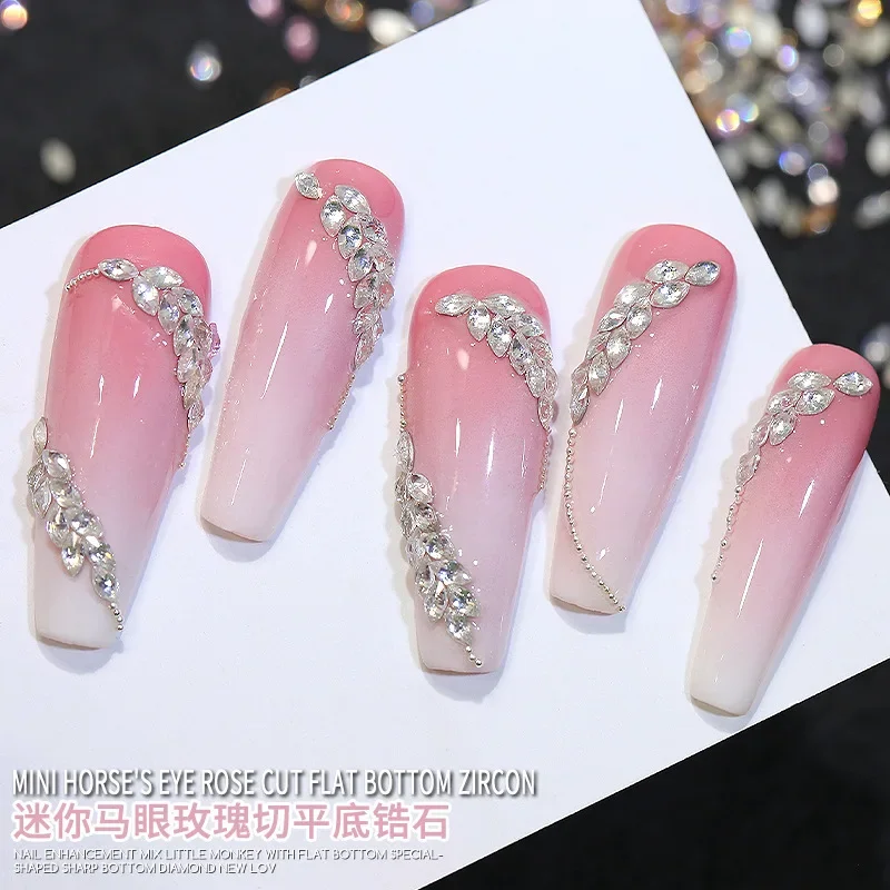 50pcs Mini Horse Eye Zircon Diamond Nail Decoration Flat Bottomed Super Flash 5A Rose Wheat Nail Accessories