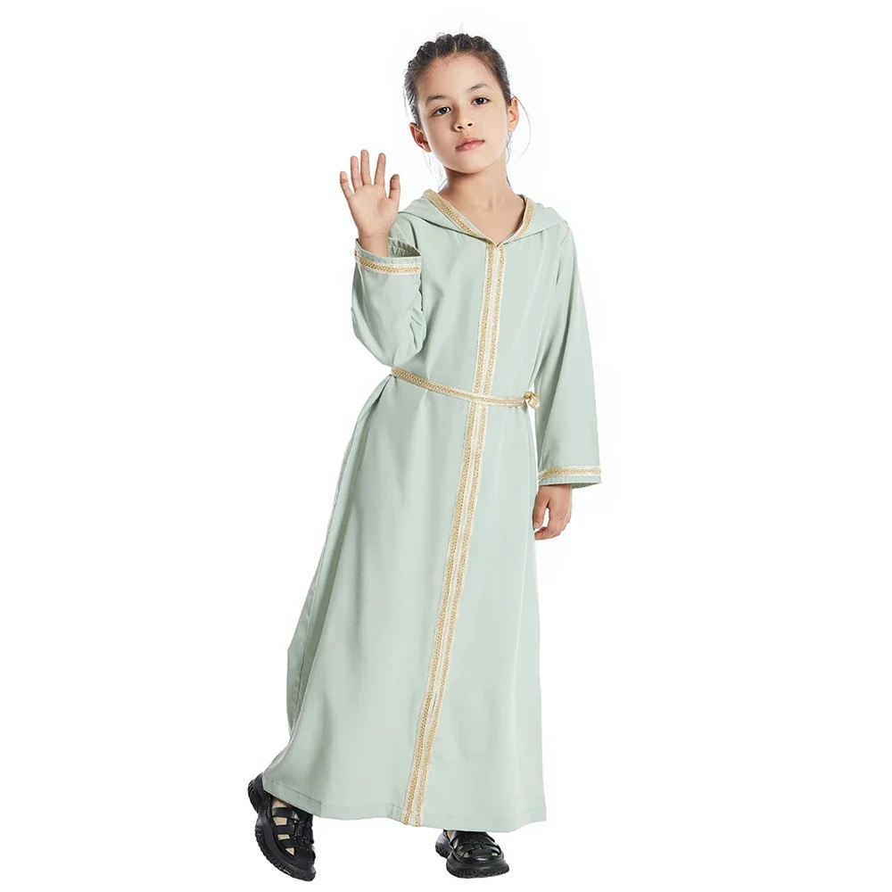 2025 Fashion Casual Girls Kids Muslim Long Dress Islamic Clothing Dubai Abayas Hooded Children Eid Ramadan Robe Arab Robe Gown