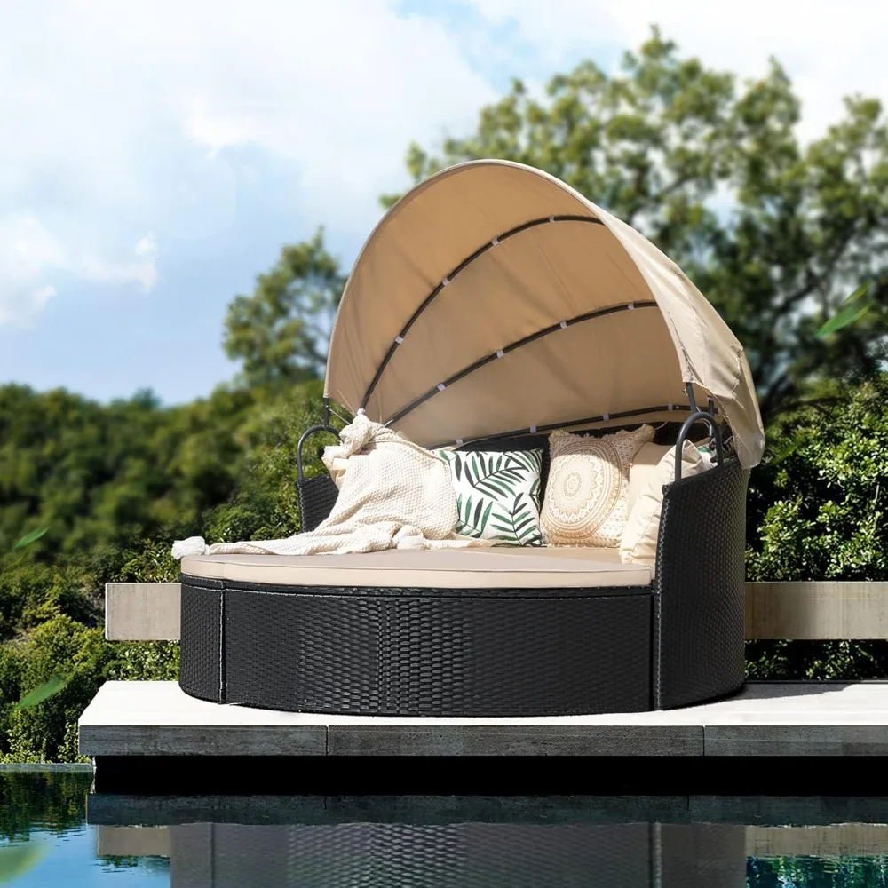 

Patio Furniture Round Outdoor Daybed with Retractable Canopy Wicker Rattan Sectional Sofa for Lawn Garden Backyard Pool, Beige