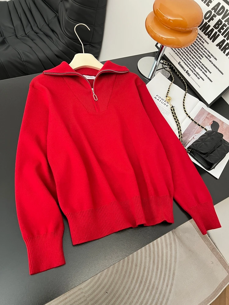 

Red Knitted Sweater with Collar f Zip Women's plus Size Faionable Slimming Spring Top Korean Sle Loose Fit Long Sve