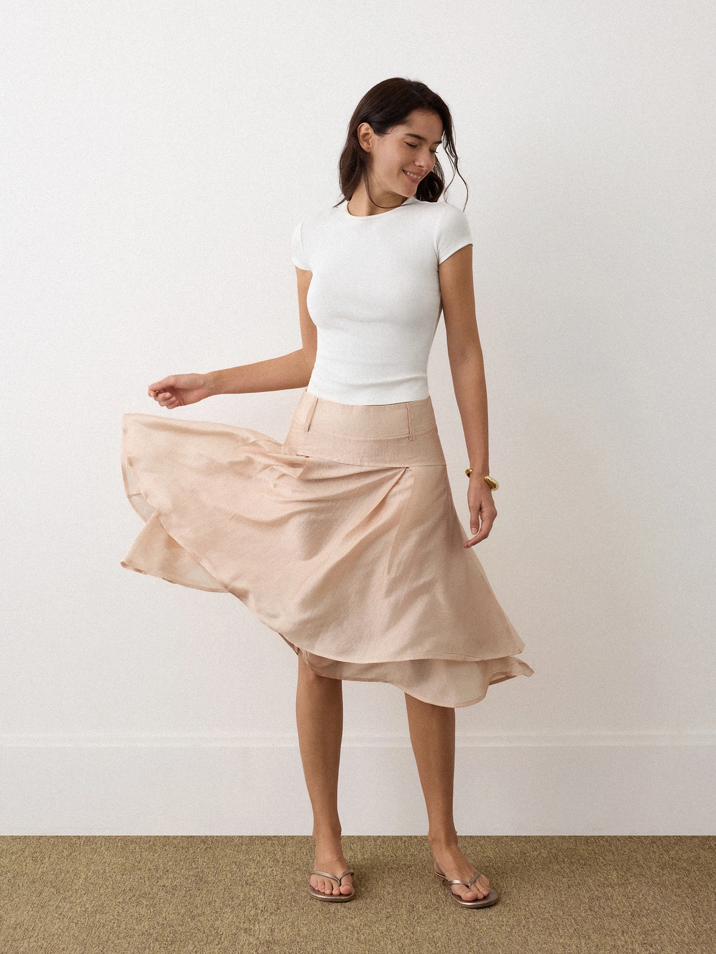 Lightweight Double Layer Textured Folded A-Line Skirt for Women Gentle Wind Acetate Half-length Skirt Breathable Skin-friendly