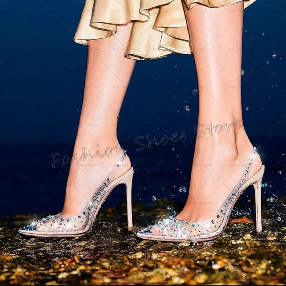 

Silver Crystal Pointed Toe PVC Sandals Stilettos High Heels High Heel Shoes for Women Fashion Heels 2025 New Zapatos Para Mujere