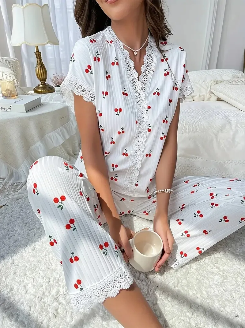 

Women's Summer V-Neck Slim Set Cherry Print T-Shirt Pants Two-Piece Pajamas Loungewear