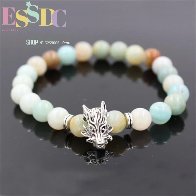 8mm Natural Polished Amazonite Beads  Elastic One Circle Energy Stone Bracelet with Alloy Wolf Head Men's Wrist Jewelry