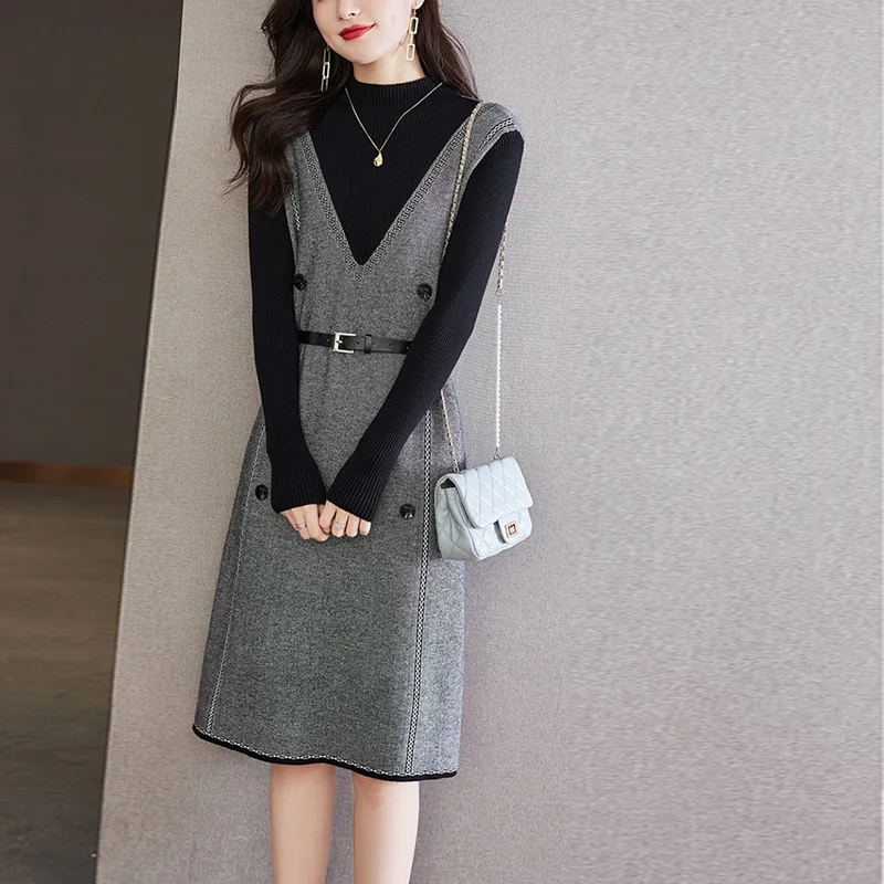 Gaun rajut wanita Retro elegan perca, gaun Sweater wanita panjang selutut, gaun kerah setengah tinggi mode baru 2023, gaun rajut Retro elegan
