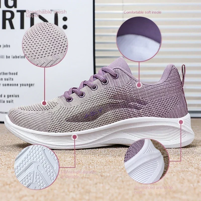 Running Women's Casual Soft Sole Comfortable Lace-up Sports Shoes Breathable Single Shoes Mesh Breathable Mesh Training Shoes