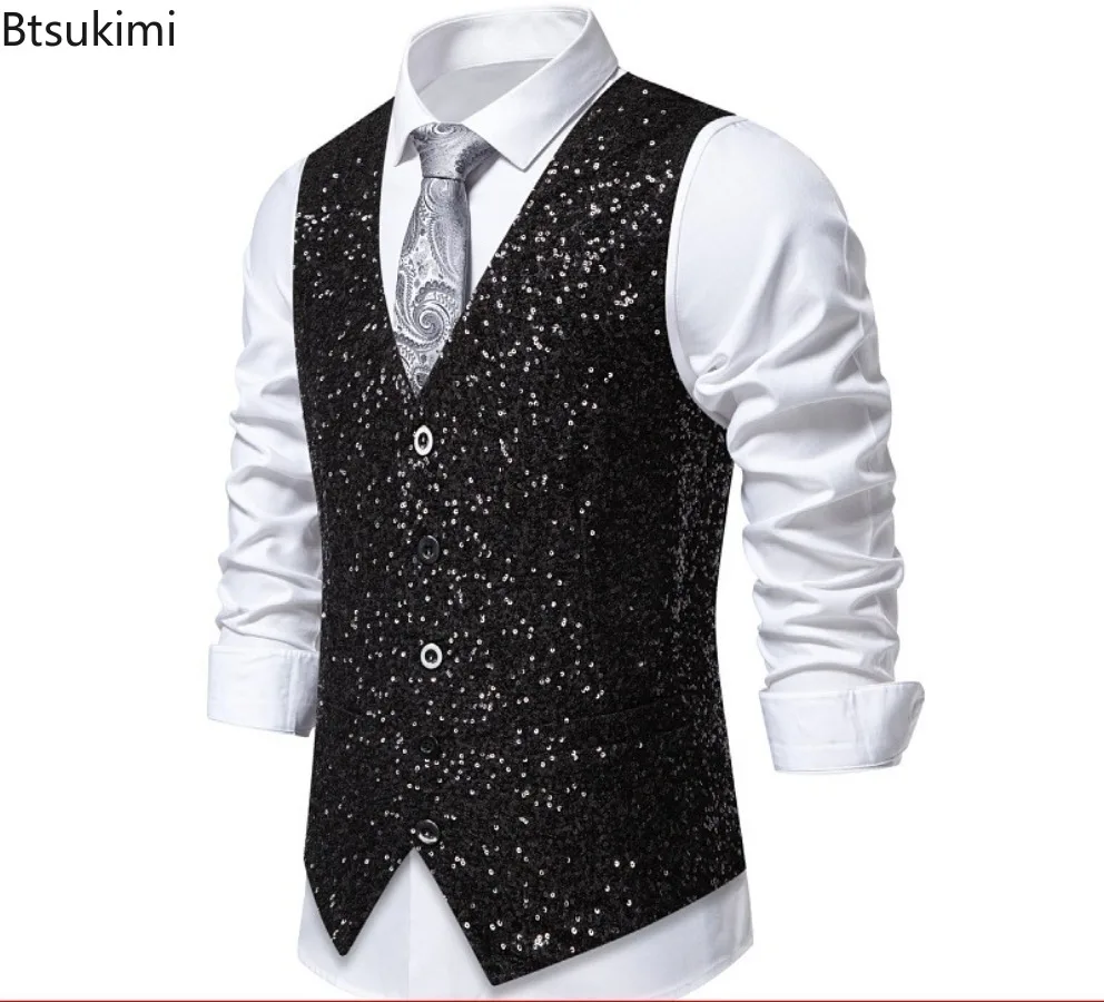 Shiny Gold Sequin Suit Vest Men's Fashion Single Breasted Slim Sparkling Waistcoat Luxury Wedding Party Stage Prom Costume Gilet