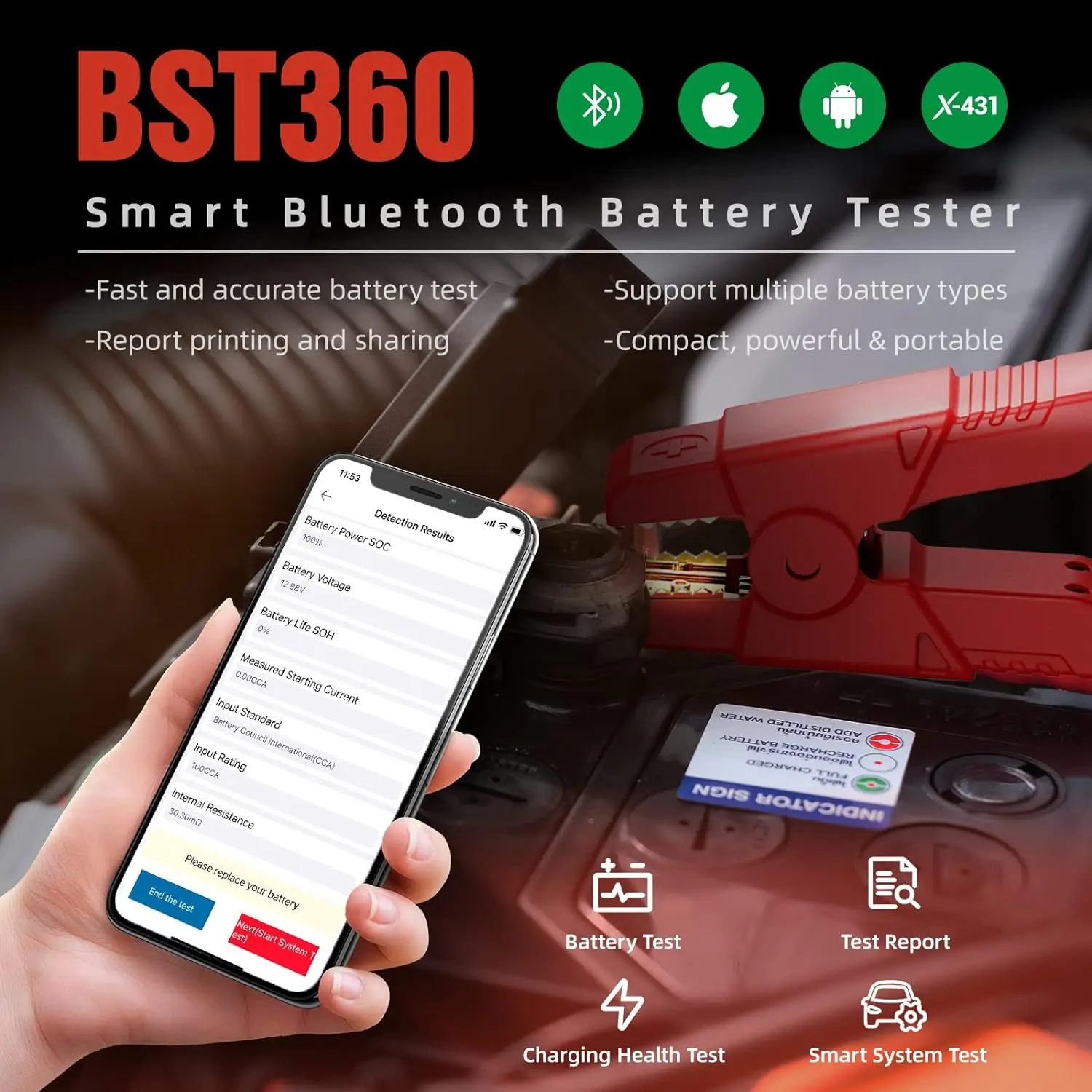 Launch BST360 Auto Battery Tester 6-12V Charging Cranking System Analyzer for Android/iPhone/LAUNCH X431Alternator Tester