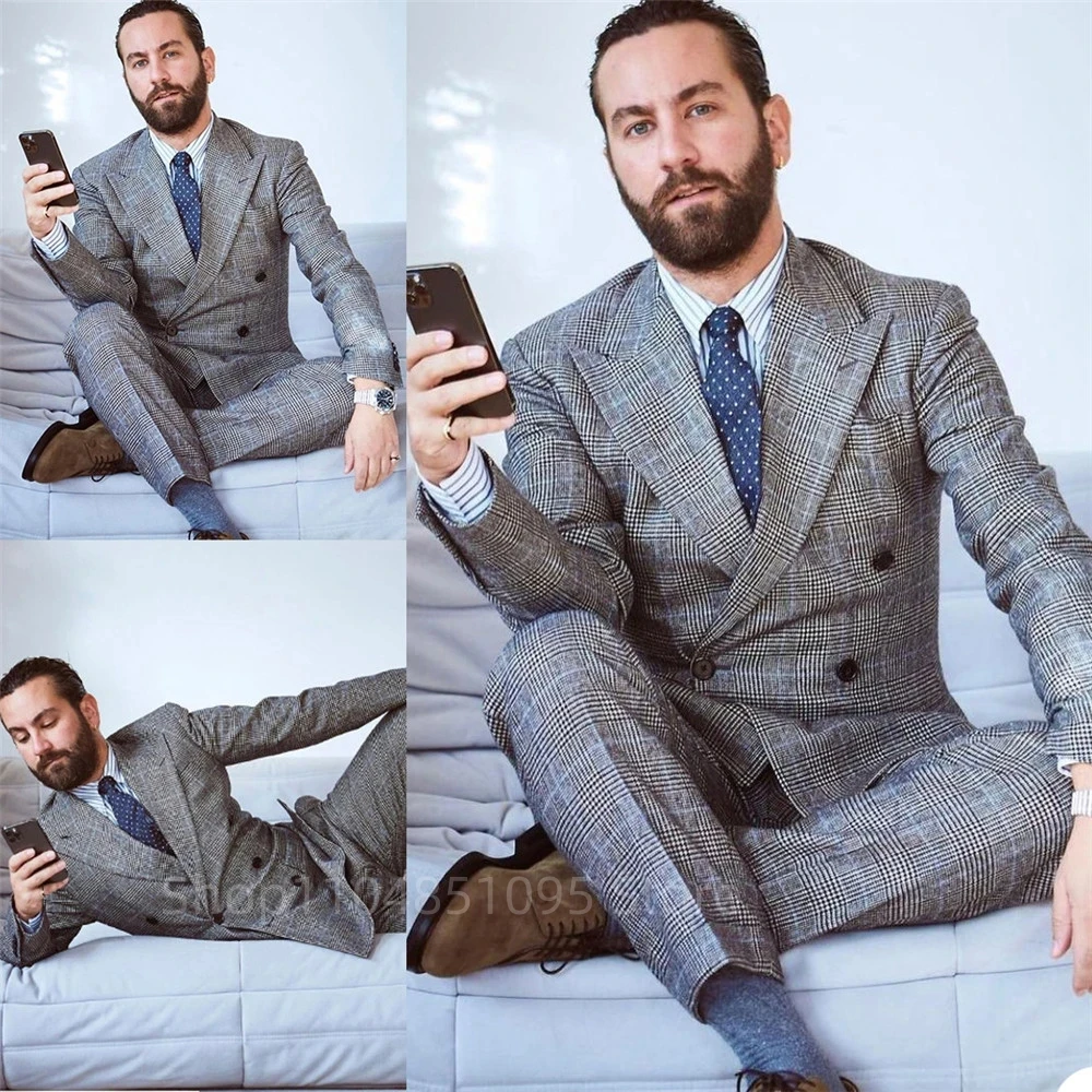 Double Breasted Houndstooth Suits for Men Wedding Groom Tuxedo Plaid Slim Fit 2 Pieces Fashion Check Suit Set Jacket with Pants