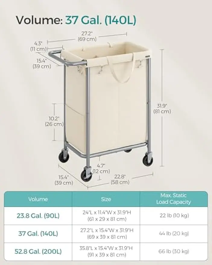 2-Section Rolling Laundry Hamper with Wheels, Removable Liner, Steel Frame, 37 Gallons Cream White