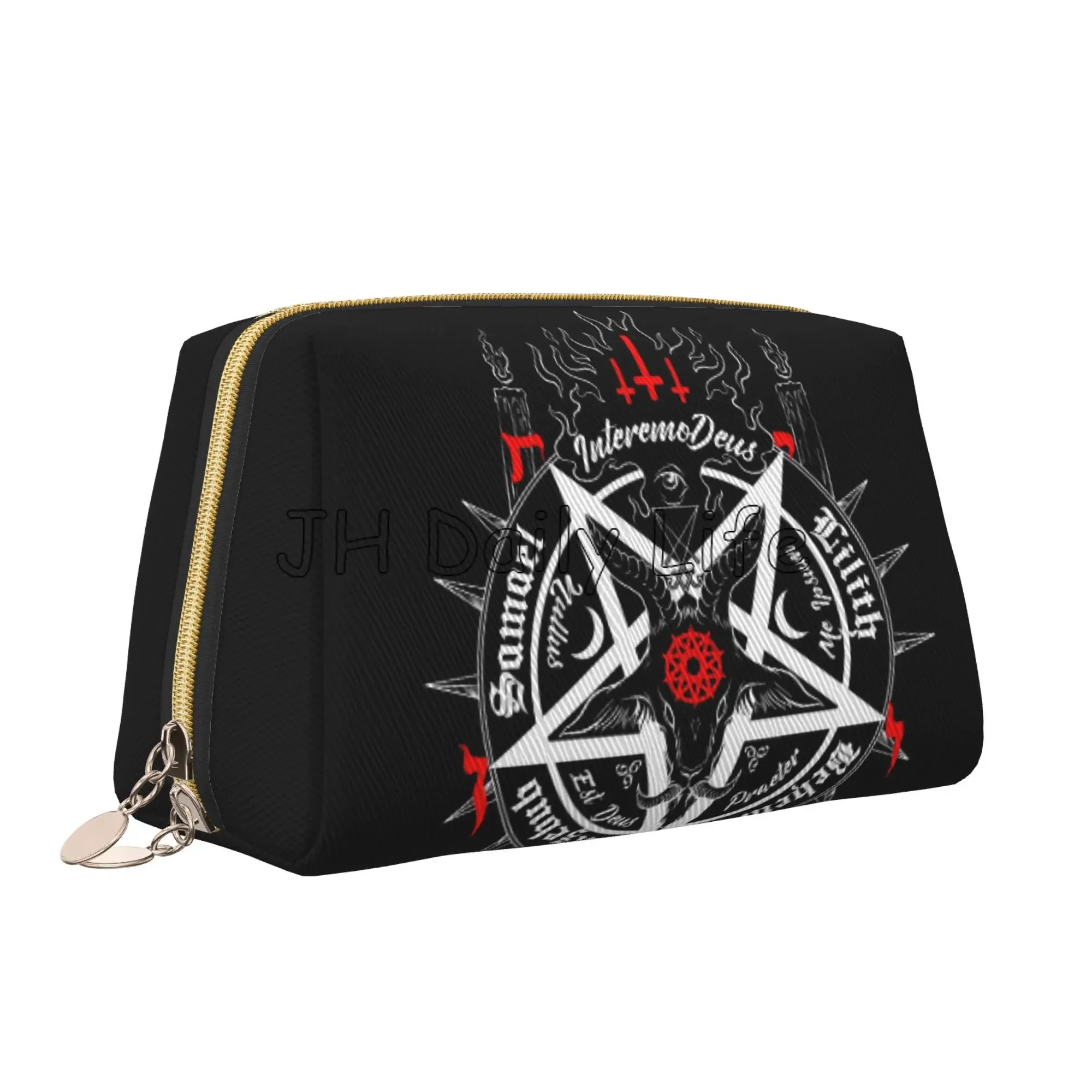 Black Baphomet Leviathan Print Leather Makeup Bag Mystical Devil Satanic Travel Storage Pouch Portable Toiletry Cosmetic Bag