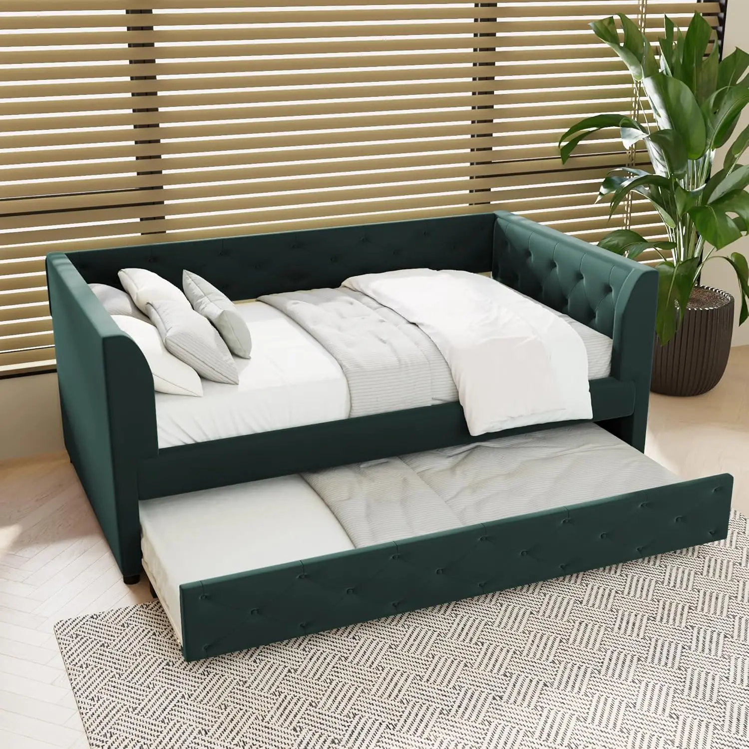 Merax Twin Size Upholstered Velvet Daybed With Trundle, Versatile Sofa Bed With Backrest, Two Armrest And Storage Pocket For A