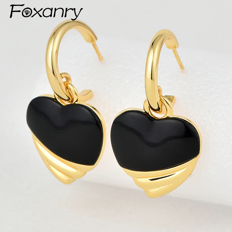 Foxanry 1 Pair Fashion Black Drop Glaze Earrings For Women Elegant Simple Vintage Love Heart Geometric Prevent Allergy Jewelry