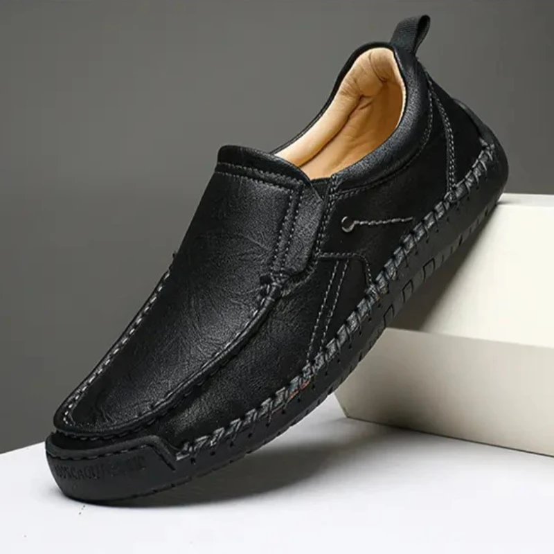 Hand-sewn Casual Leather Shoes Color-blocked Slip-on Loafers Men's Non-slip Sole Breathable Comfortable Walking Shoes