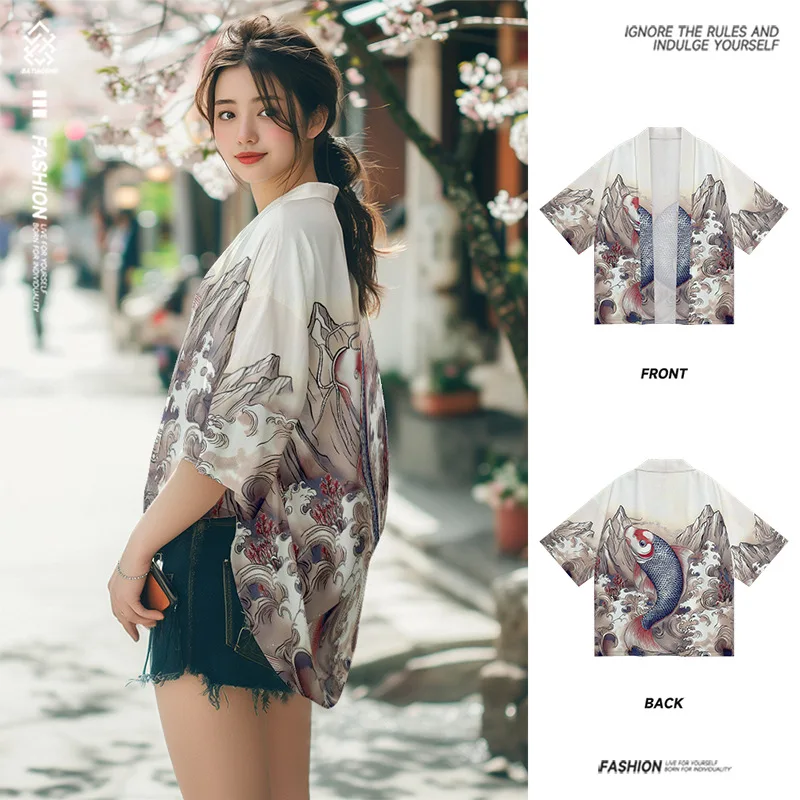 Kimono plus size 6xl 5xl moda anime baleia impressão cardigan haori 2025 feminino cosplay yukata roupas harajuku masculino topos