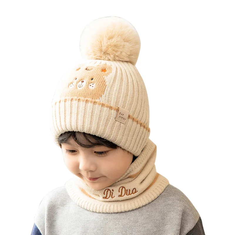 New Kids Hat Bib Two Piece Set Winter Warm Knit Beanie Hat Cartoon Furball Pullover Cap