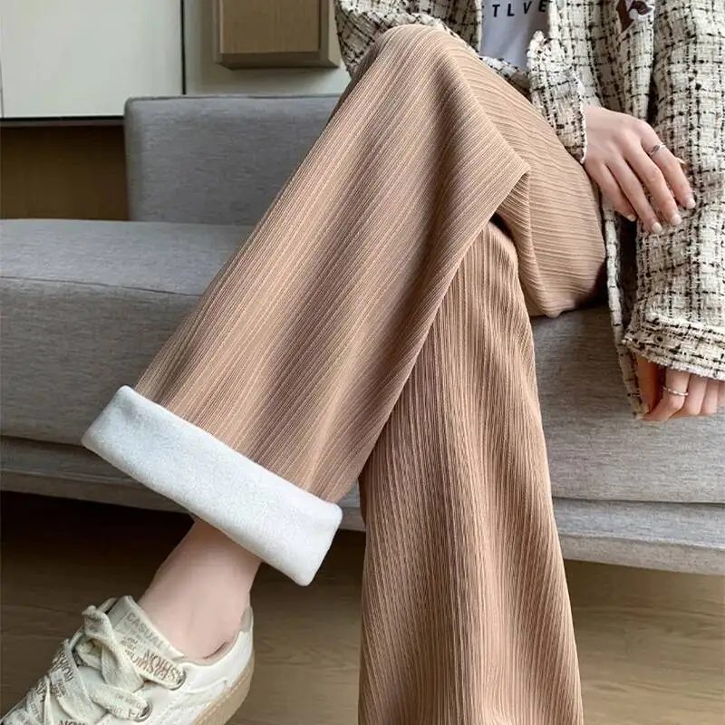 2025 hiver polaire doublé chaud femmes couleur unie pantalon à jambes larges femme confortable élastique taille haute pantalon femme