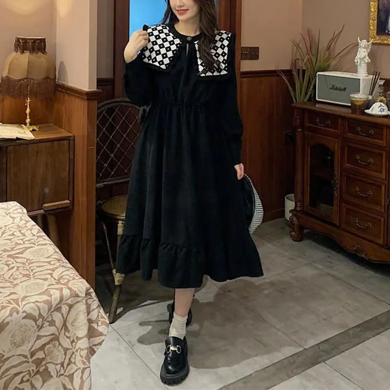 Vintage Printed Doll Collar Midi Dress Women\'s Clothing Sweet Patchwork Spring Autumn Long Sleeve Elegant A-Line Waist Dresses