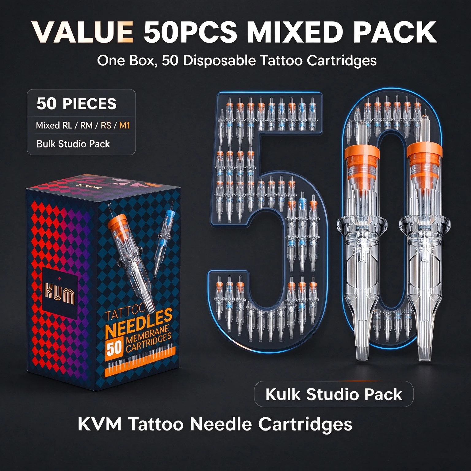 KVM Assorted Tattoo Cartridge Needles 50Pcs Mix Sizes RL RM RS M1 Disposable Sterile Tattoo Needle Cartridge Thin Walled Membran