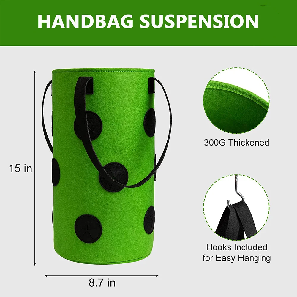 Grow Bags 3 Gallon for Strawberry Vegetables 12 Planting Holes Sturdy Hanging Handle Thickened Breathable Felt Cloth Reusable