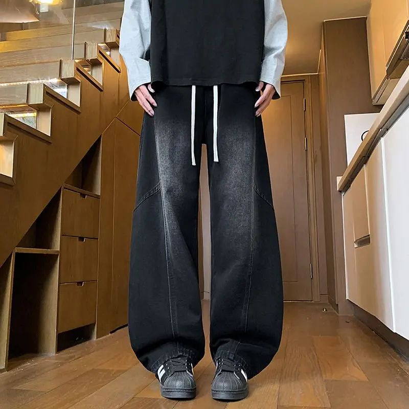 

Autumn Men's High-quality Loose Jeans Stretch-waisted Fashionable White Spliced ​​scimitar Pants Student Casual Jeans Trousers