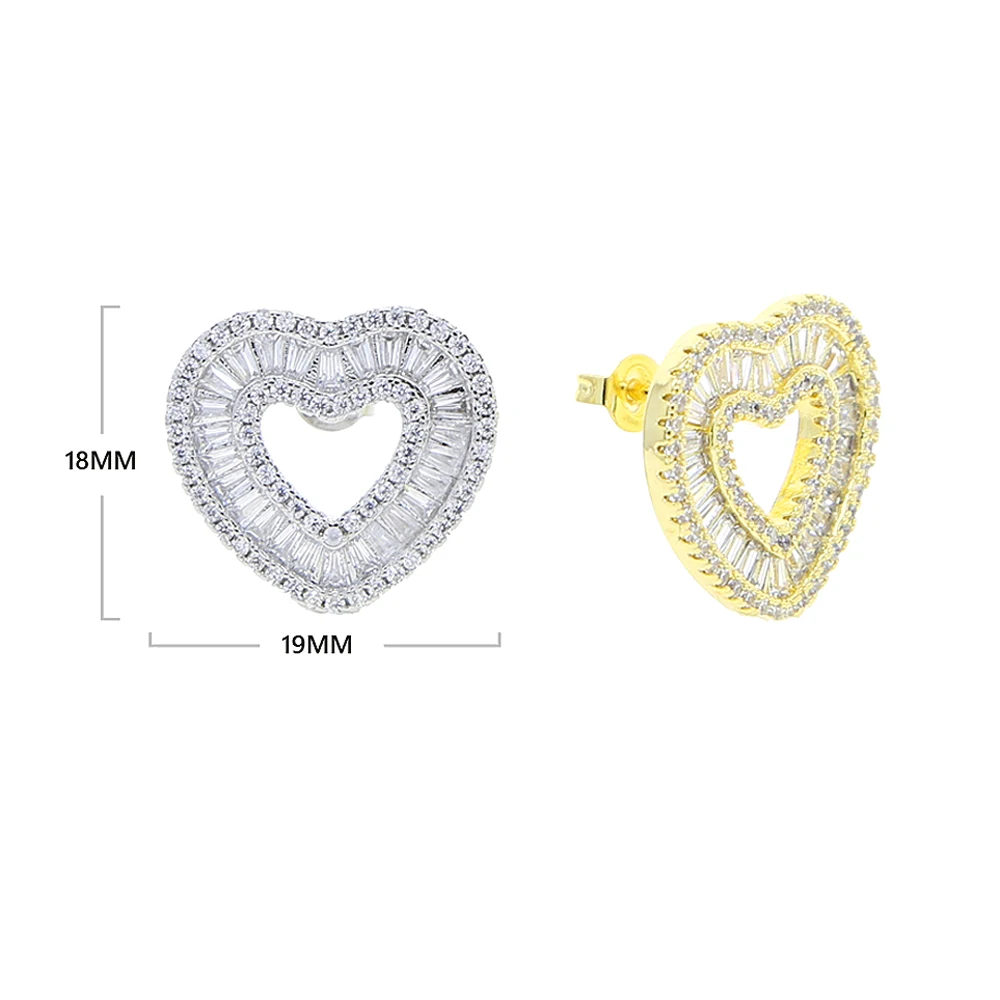 New Iced Out Bling Hollow Heart Stud Earring 5A CZ Micro Paved Hearts Earring Hip Hop Men Women Jewelry