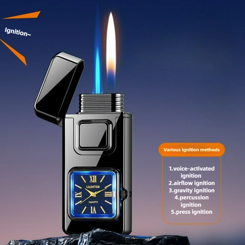 

Настоящие часы, голосовое управление, зажигание, двойной огненный бутан, газовая зажигалка, визуальное газовое окно, электрическая зажигалка с открытым пламенем и струйным пламенем