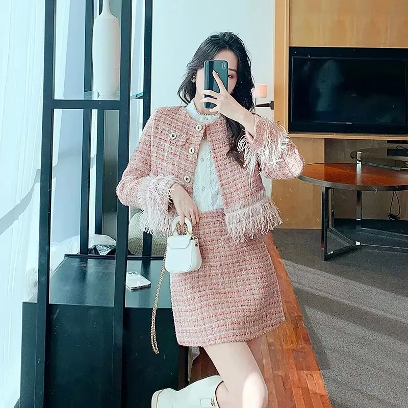 Round Neck Feather Tassel Nailed Drill Tweed Skirt Suits Jacket Women's Spring Autumn Plaid Coat Top A-line Skirt Two-piece Set