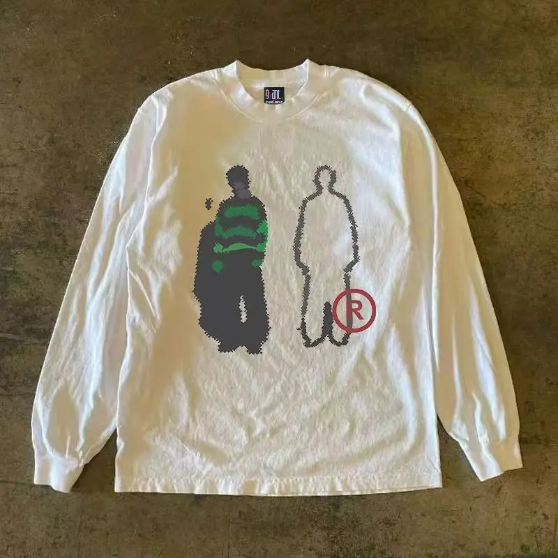 2000s High Street Shirts Y2K Mens Graphic Print Oversized T Shirt Harajuku Gothic Round Neck Cotton Long Sleeve Tops Uni