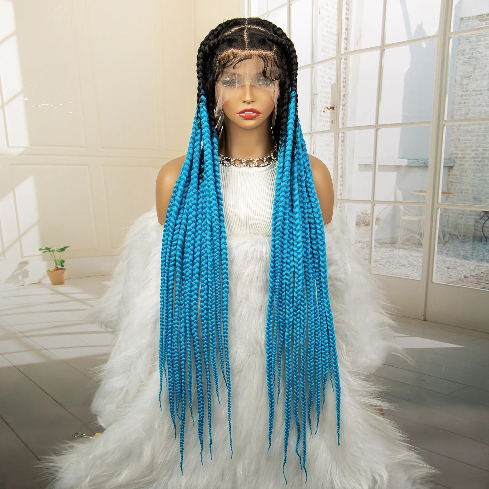 OTBlue Synthetic Box Braided Wigs with Baby Hair Full Lace Big Braids Wigs for Black Women Blue Wigs Long Hair Braiding Hair