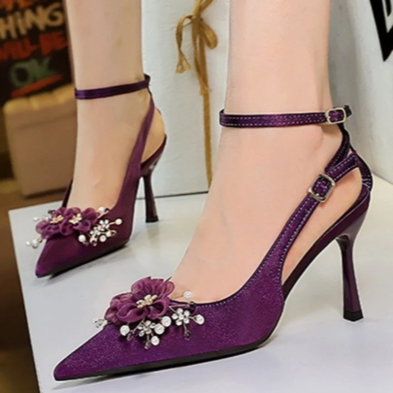 BIGTREE Shoes Ladies Sexy Pointed Toe Heels Rhinestone Ribbon Flowers Cut One Strap Thin Stiletto Banquet Wedding Dress view 6