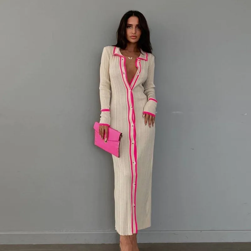 Autumn Knitted Long-sleeved Button Down Lapel Cardigan Dresses For Women Slim Elegant Fashion Patchwork Slit Long Dress Female