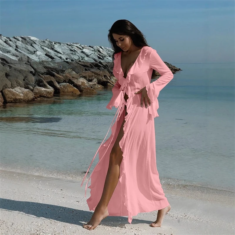 Mode V-ausschnitt Sommer Strand Cover Up Rüschen Langarm Strand Kleid Badeanzug Casual Badeanzug Cover Up Kleid Für Frauen