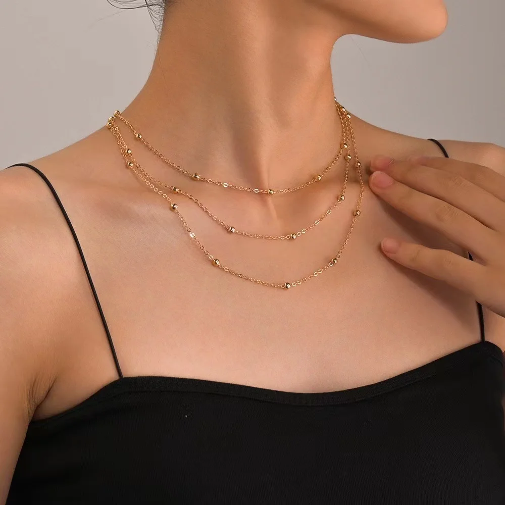 ASONSTEEL Trendy Round Beads Multi-Layers Pendants Necklaces Stainless Steel Charm Minimalist Jewelry Chain Bone Necklace Gifts