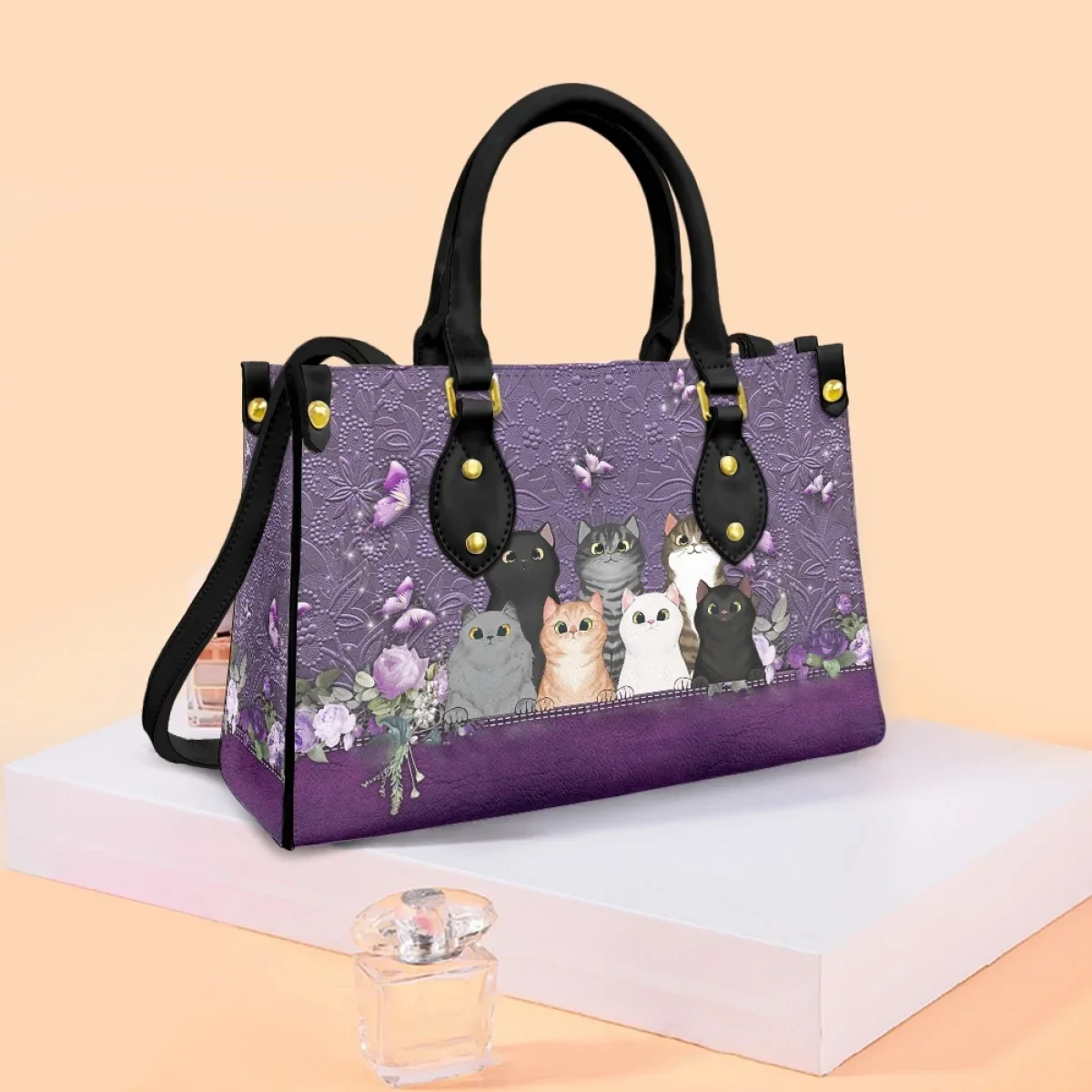 Tas selempang ungu kucing lucu dengan desain kupu-kupu untuk tas tangan wanita tas bahu Totes kecil kasual tas wanita 2023