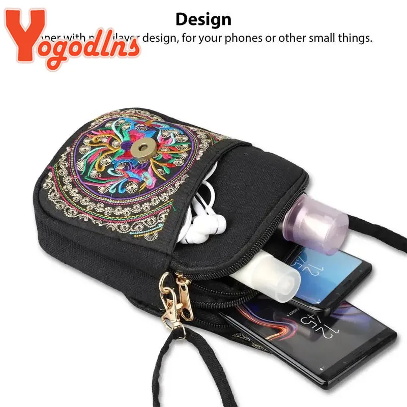 Yogodlns damska torba na ramię etui podróżne Vintage, w kwiaty haftowana torba Crossbody haftowana torba na telefon komórkowy mała torebka