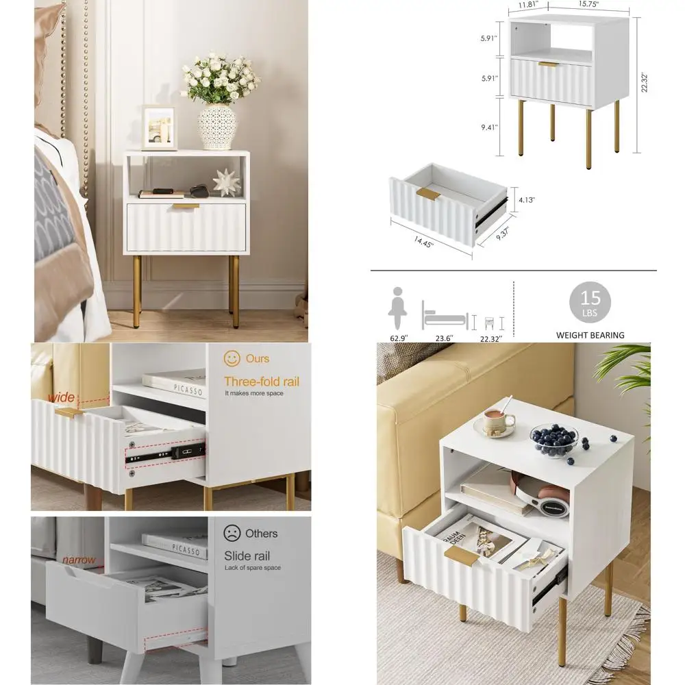 

Contemporary Gold-Framed Nightstand, Compact White Bedside Cabinet with Drawer and Shelf for Bedroom and Living Room